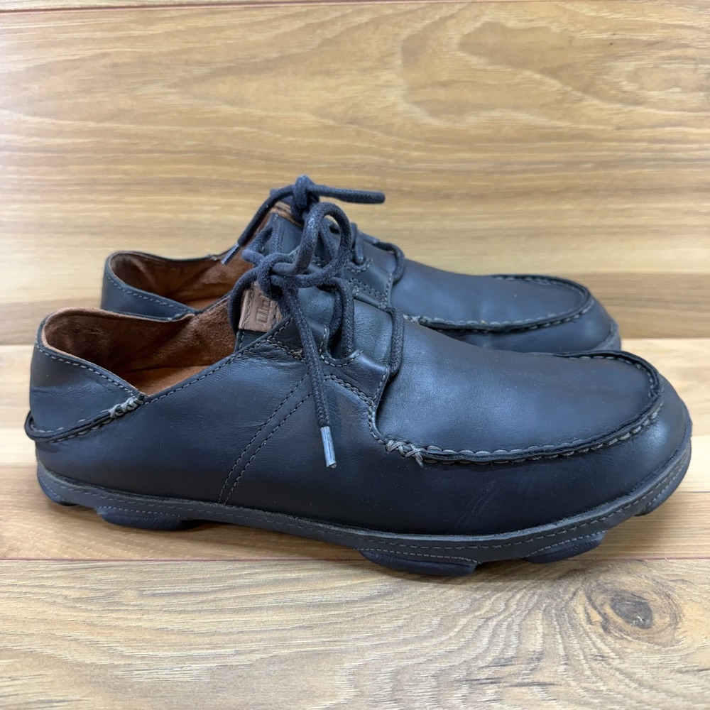 Olukai Ohana Lace Up Mens Casual Loafers 9 Black Nubuck Leather Casual Moc Toe